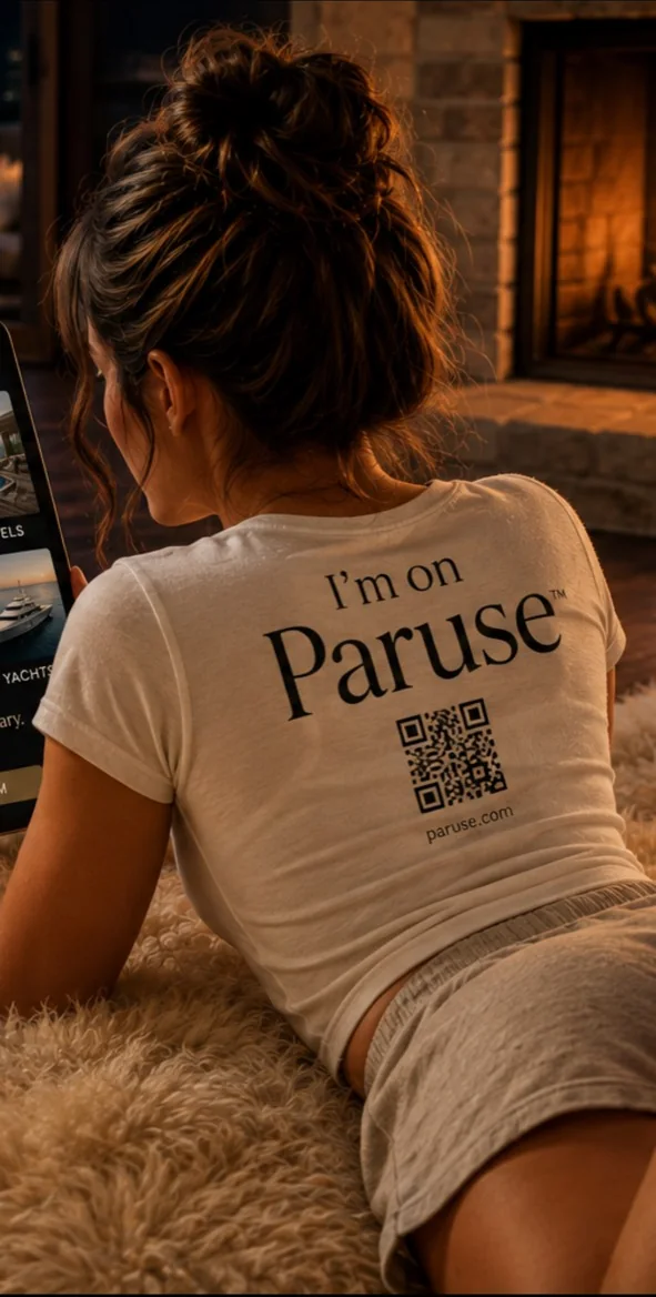 A woman relaxing by a fireplace in an I’m on Paruse shirt